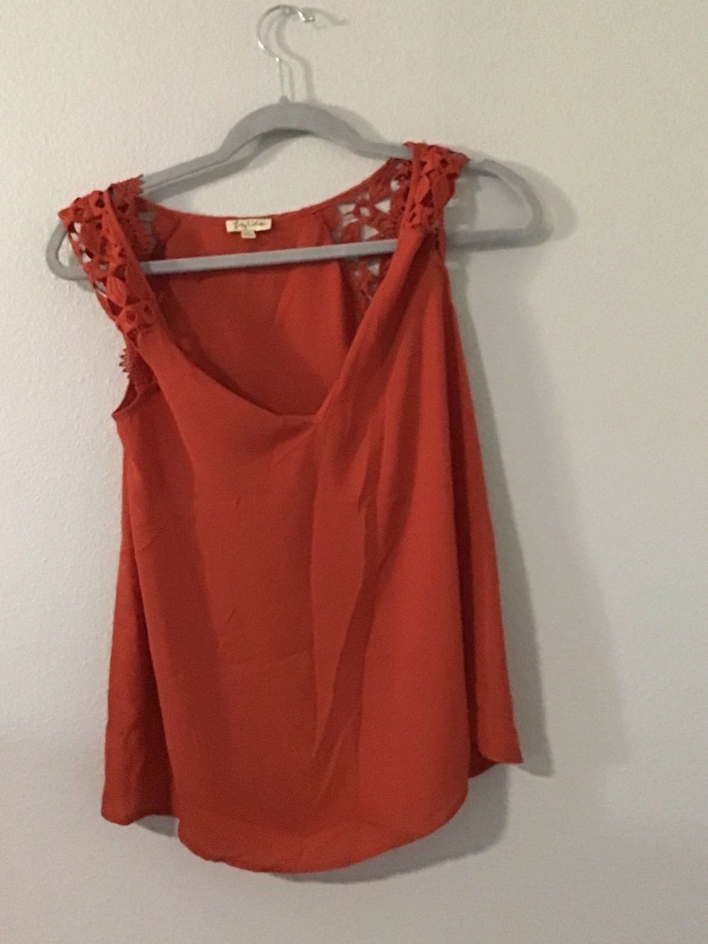 Lily White Coral-Orange Lace-Shoulder Sleeveless Top
